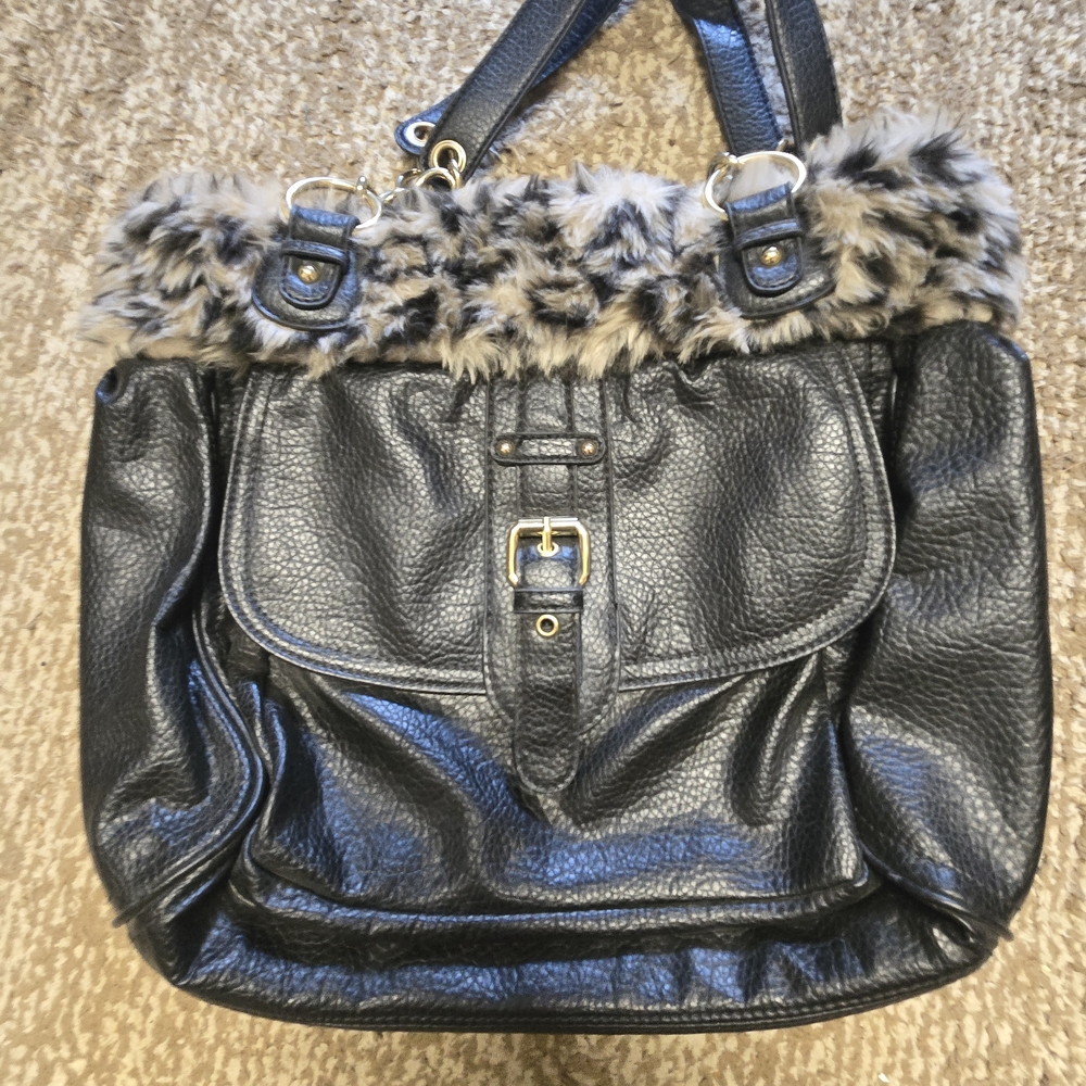 Like New Black Faux Fur Trim Leather Handbag Like New